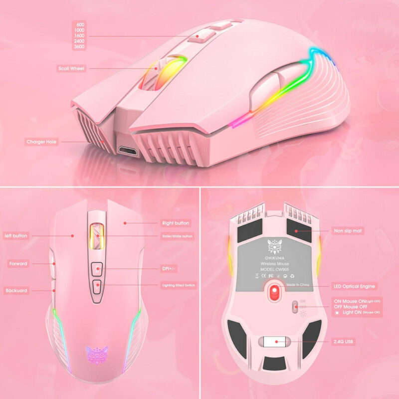 Mouse Inalambrico Onikuma CW905 Rosado - Imagen 5