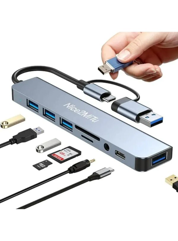Adaptador 8 en 1 USB-C con USB, SD/TF y Audio AUX