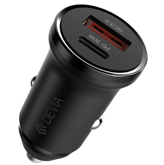 Cargador de Auto Devia Mini Smart Series PD 30W USB-C y USB QC 3.0 Negro