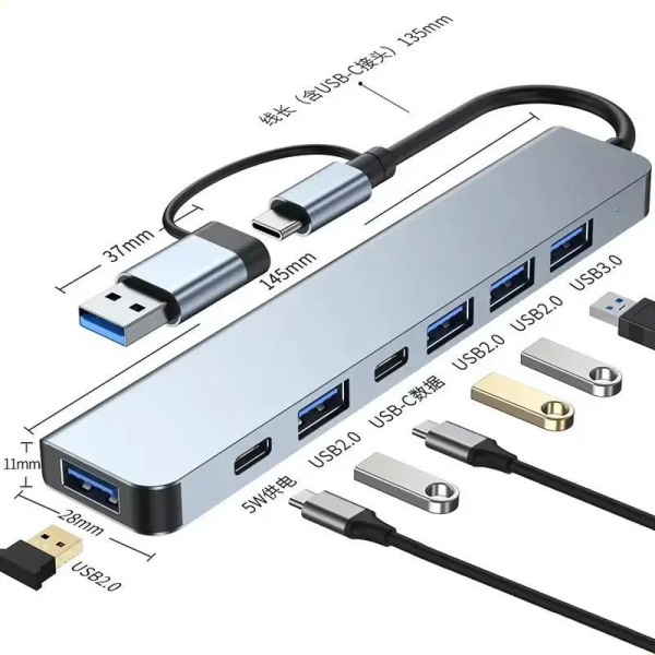 Adaptador 8 en 1 USB-C con USB, SD/TF y Audio AUX