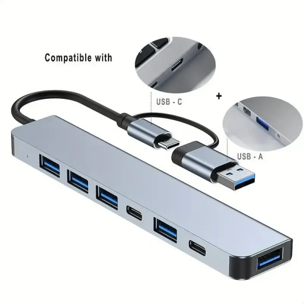 Adaptador 8 en 1 USB-C con USB, SD/TF y Audio AUX
