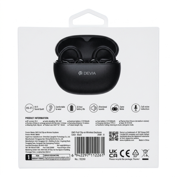 Audífono Bluetooth Devia Ows PRO2 Clip Negro 2261