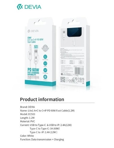 DEVIA Lite1 Cable A+C to C+iP PD 60W Fast Cable