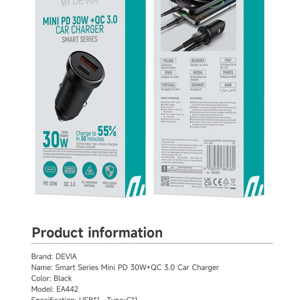 Devia Cargador De Auto Mini Smart Series Pd 30w Usb-c Usb 5360