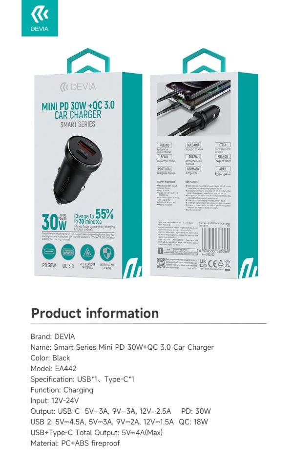 Devia Cargador De Auto Mini Smart Series Pd 30w Usb-c Usb 5360