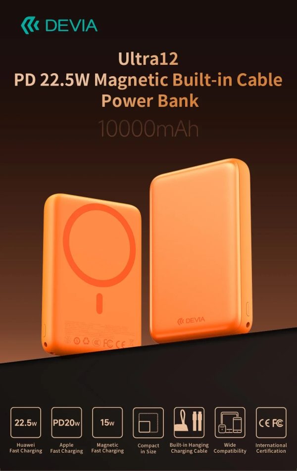 Power Bank DEVIA Serie Ultra12 PD 22,5 W magnética con cable integrado (10 000 mAh) - Naranja 4293