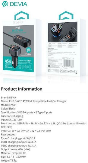 Devia Cargador de Auto PRO1 de 45 W y 3 A con carga rápida 7806