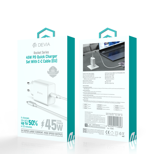 Devia Cargador 45W PD QC Con Cable Tipo C Blanco 2896