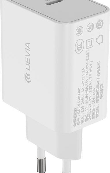 Devia Cargador 45W PD QC Con Cable Tipo C Blanco 2896
